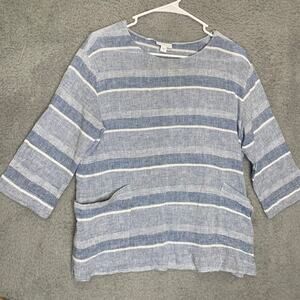 J Jill Pure jill womens M 3/4 sleeve striped linen blend pockets lagenlook boho